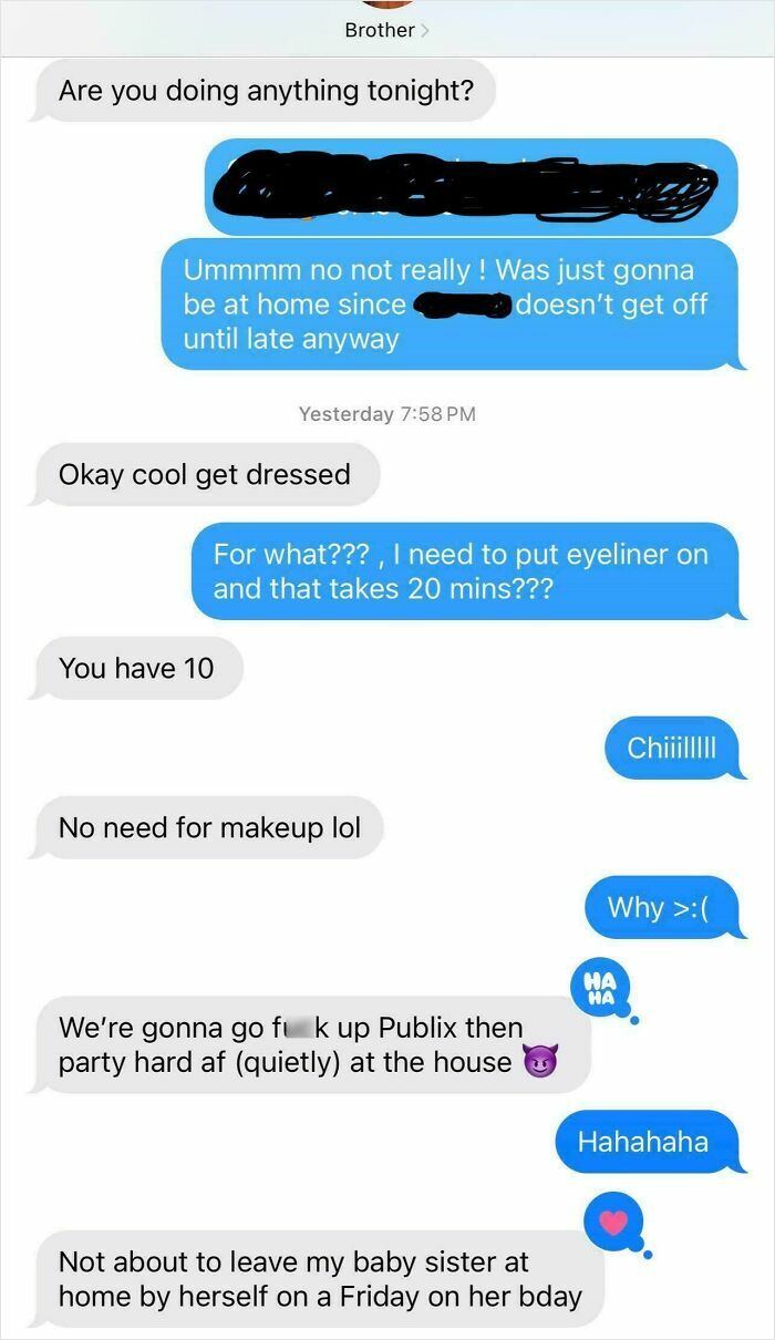 Text message conversation showing a brother inviting sister to uplifting moments and fun plans in daily scroll.