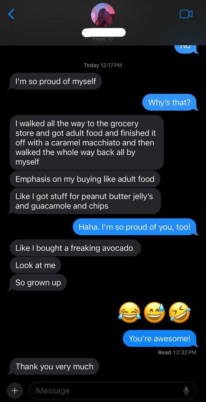 Text conversation showing uplifting moments of personal growth and adult achievements shared in daily scroll messages.