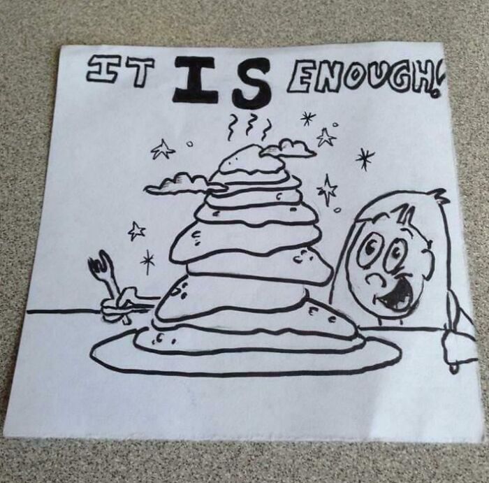 Hand-drawn cartoon of a surprised person next to a large stack of pancakes, representing uplifting moments in daily scroll.