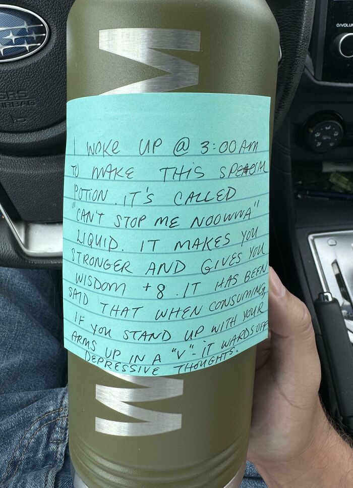 Handwritten note on a bottle describing a special uplifting potion to boost strength and ward off depressive thoughts.