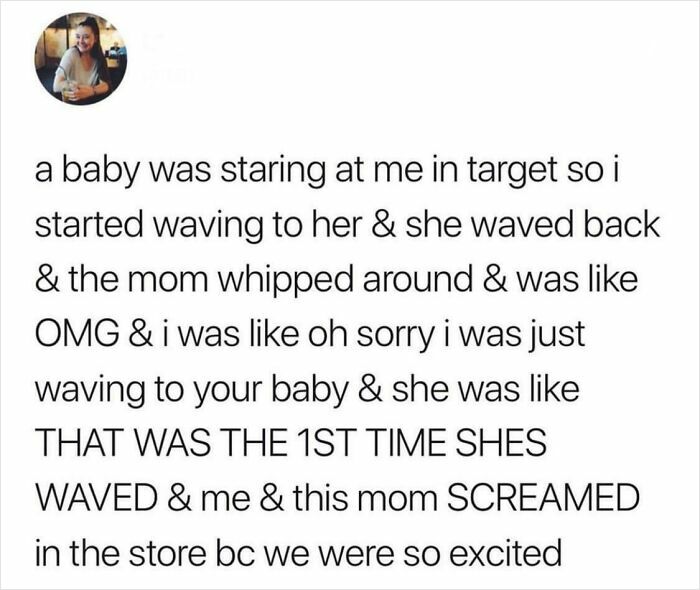 A pure and uplifting moment shared between a baby and mom, capturing an excited first wave in a store.