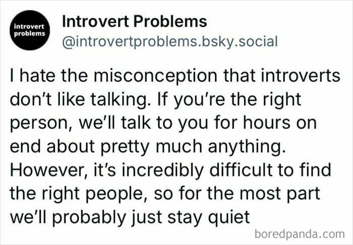 Text post from Introvert Problems about misconceptions of introverts preferring to stay quiet unless with the right people.