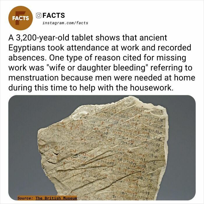 Ancient Egyptian tablet detailing work absences, noting reasons like "wife or daughter bleeding," showcasing fascinating historical facts.