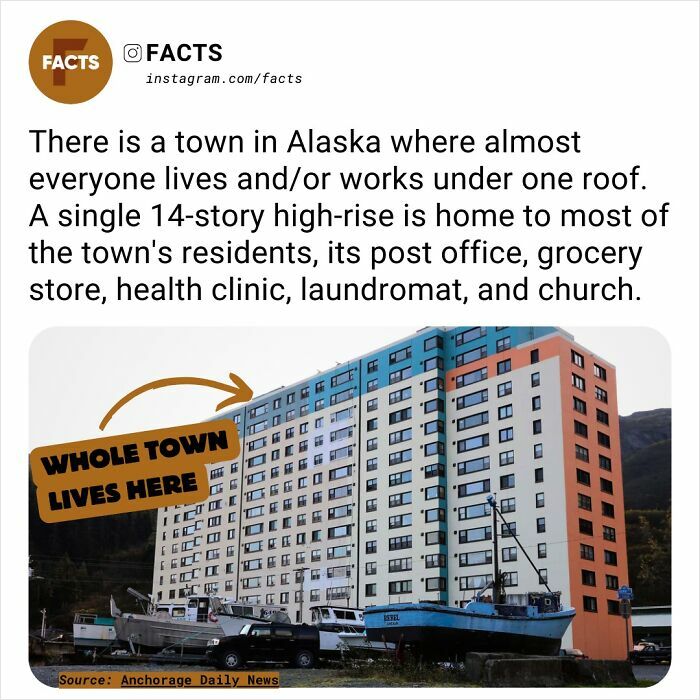 High-rise building in Alaska housing entire town, including amenities like a post office, store, and church. Fascinating facts.