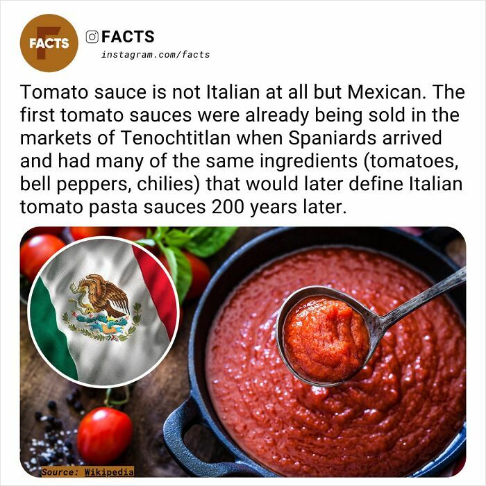 Mexican tomato sauce origins, with a spoon in a pot and a Mexican flag inset, highlighting fascinating historical facts.