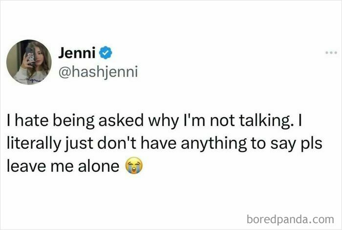 Introvert meme: Person expressing frustration about being asked why they're not talking, highlighting social exhaustion.