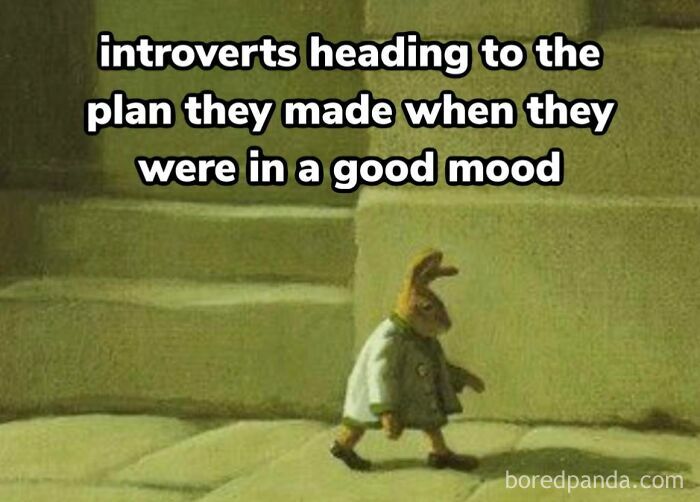 A cartoon introvert rabbit in a coat walks wearily, capturing the socially exhausted struggle. Text: "introverts heading..."