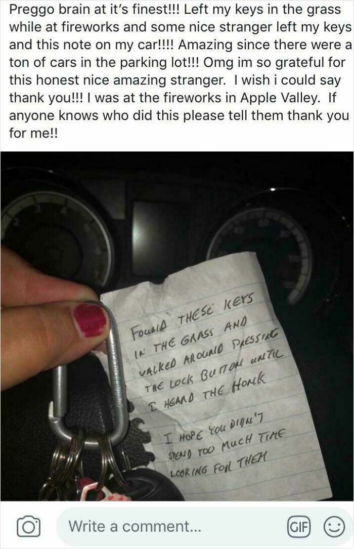 Note showing found keys left on car after fireworks, a pure and uplifting moment captured in daily scroll.