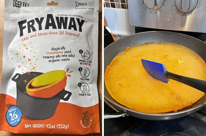 FryAway cooking oil solidifier in use in a frying pan, showing a time saver for easy oil disposal.