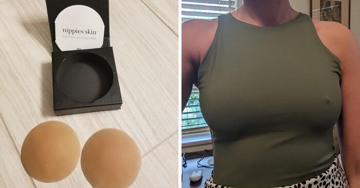 Reusable n****e covers in n**e color on a wooden floor and a person wearing a green sleeveless top, time savers for daily use.