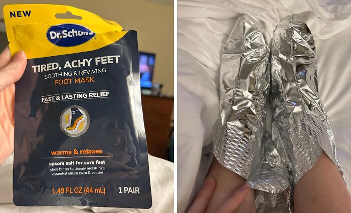 Soothing foot mask for tired, achy feet providing fast relief and relaxation as a helpful time saver for busy routines.