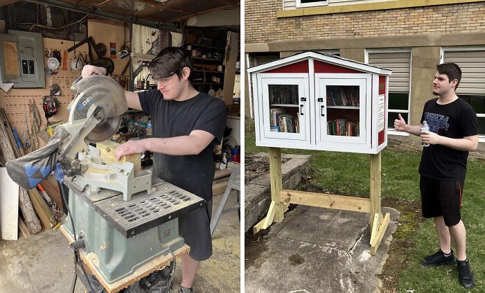 Young man using a chop saw in workshop and standing proudly next to a finished little free library box outdoors, uplifting moments