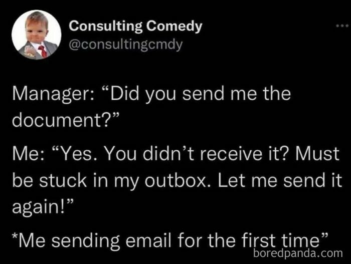Funny work meme about email mishaps, showing a humorous exchange between an employee and a manager.