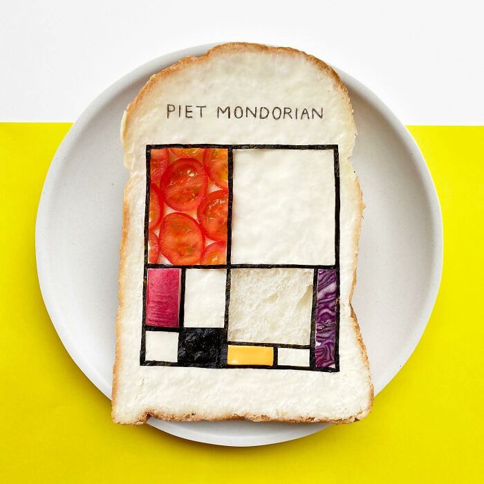 Creative toast design inspired by Piet Mondrian, featuring colorful geometric food art on bread.