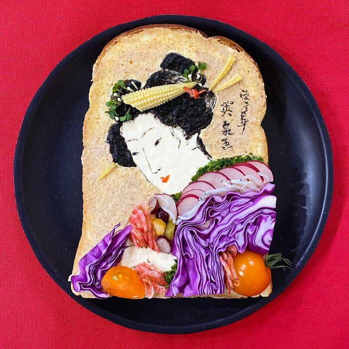 Creative toast design depicting a geisha, using vegetables and cream, by Japanese artist.