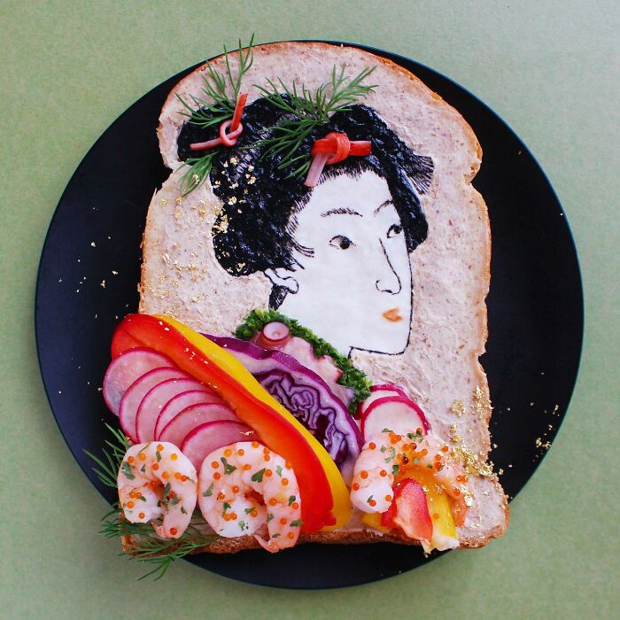 Creative toast design by Japanese artist featuring a woman's portrait with colorful toppings.