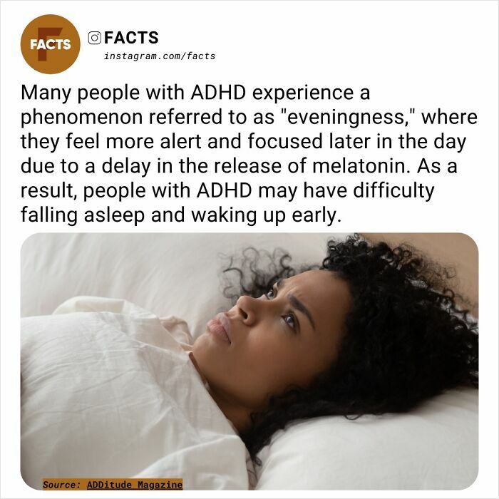 Woman with ADHD lying in bed, experiencing "eveningness" and difficulty sleeping, related to melatonin delay. Facts by ADDitude Magazine.