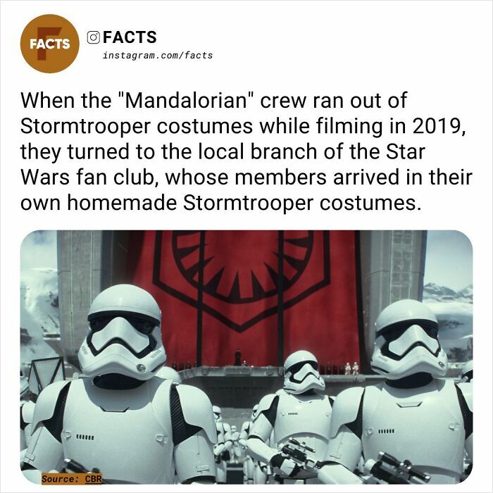 Stormtroopers in front of a large banner, highlighting an interesting fact about "The Mandalorian" and fan-made costumes.