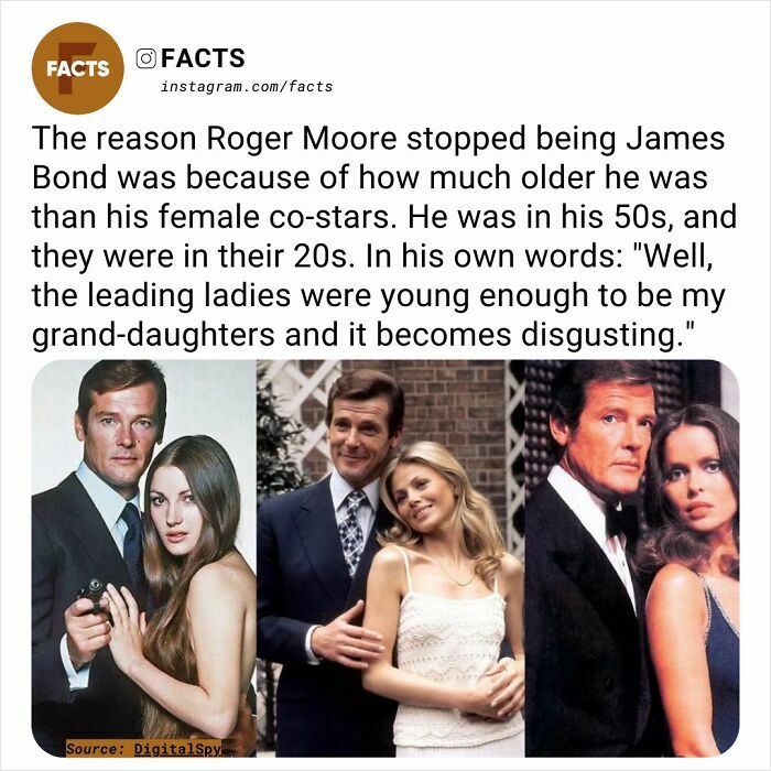 Roger Moore with much younger female co-stars in various movie scenes, highlighting fascinating facts about age differences.