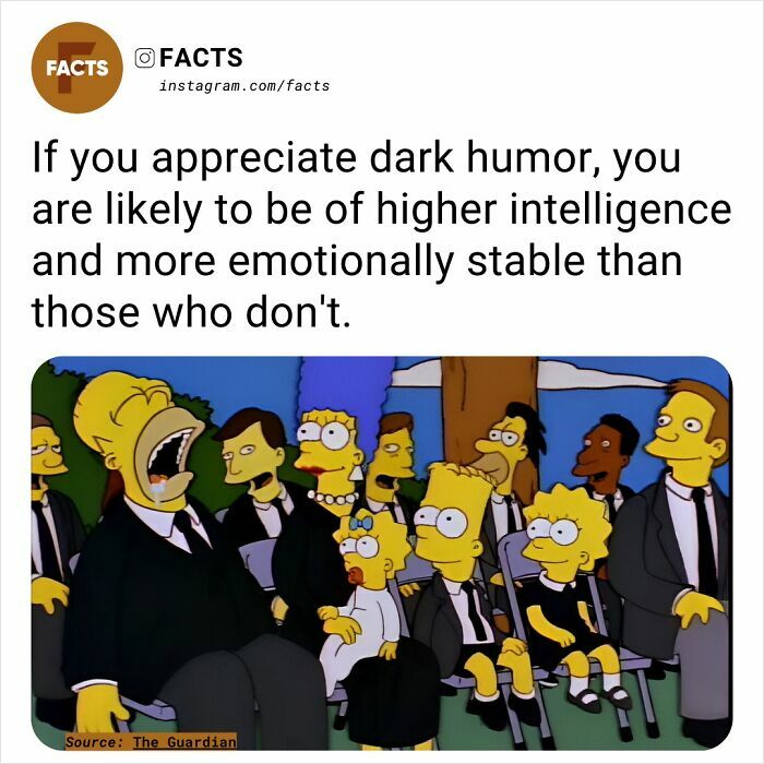 Cartoon characters at a funeral with text about dark humor and intelligence, showcasing interesting facts.