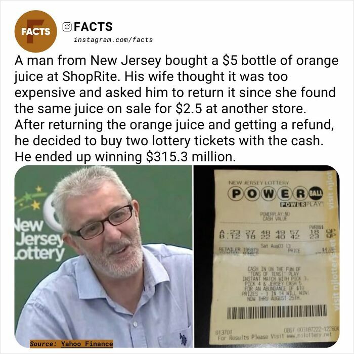Man in glasses smiling next to a Powerball ticket, illustrating an interesting fact about a $315.3 million lottery win.