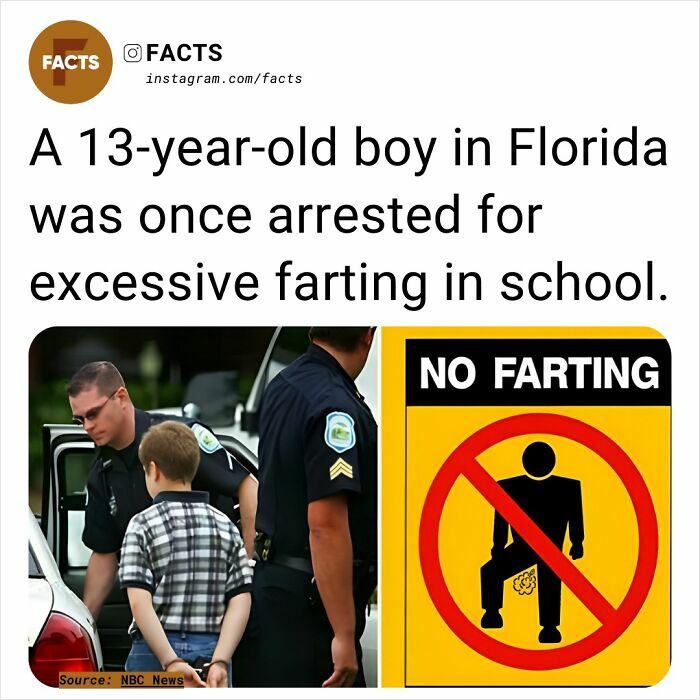 Florida boy arrested for excessive farting at school, humorous no farting sign beside him.