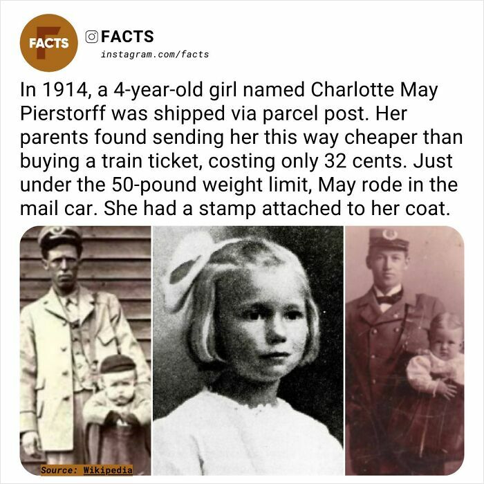Fascinating fact of 1914: A 4-year-old girl was mailed via parcel post, traveling with a stamp on her coat.
