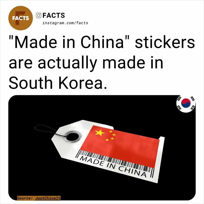 "Made in China" sticker labeled tag highlighting interesting facts about its South Korean origin.