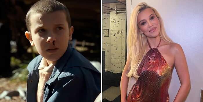 Side-by-side then and now photos of a famous celebrity showing a young boy and an adult woman transformation.