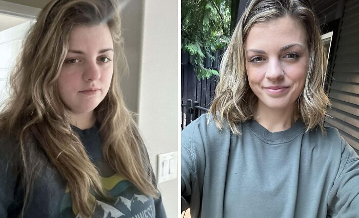 Before and after photos of a woman showing small appearance changes that made a big difference for her confidence and style