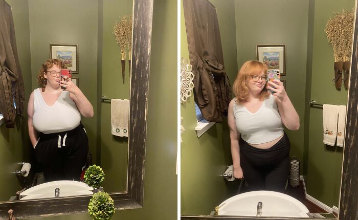 Woman sharing small appearance changes in a bathroom mirror selfie showing before and after outfit and hairstyle updates.