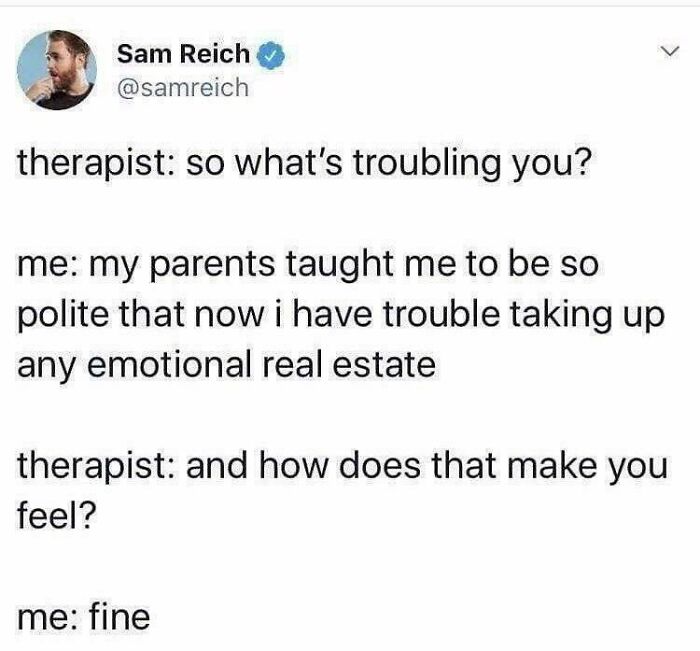 Text meme about struggling with anxiety, featuring a conversation between a therapist and a polite person with emotional challenges.