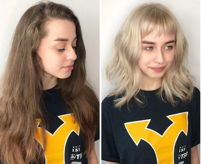 Before and after images of a woman showing small appearance changes with hair color and style transformation.
