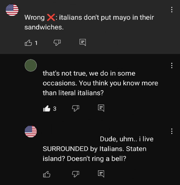 Social media debate showing ignorance of Americans about Italians and mayo in sandwiches with multiple comments.