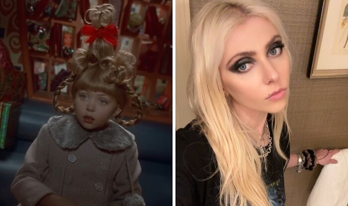 Child actress with elaborate hairstyle in a vintage scene and the same famous celebrity grown up with blonde hair and bold makeup.