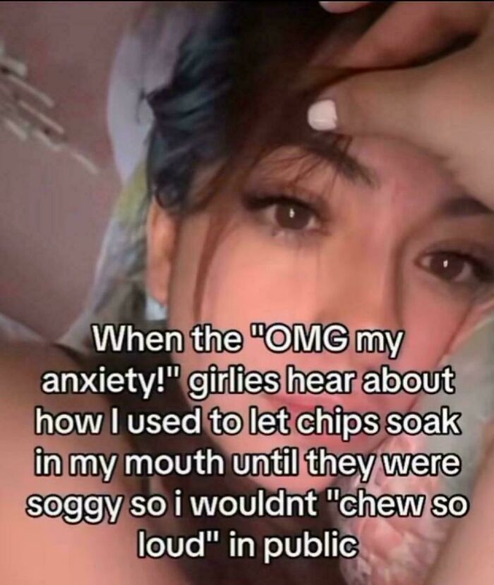 Close-up of a person with anxiety, humorously describing letting chips soak to avoid chewing loudly in public.