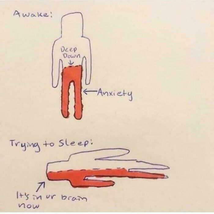 Simple hand-drawn meme showing anxiety inside a person when awake and trying to sleep, highlighting anxiety humor.