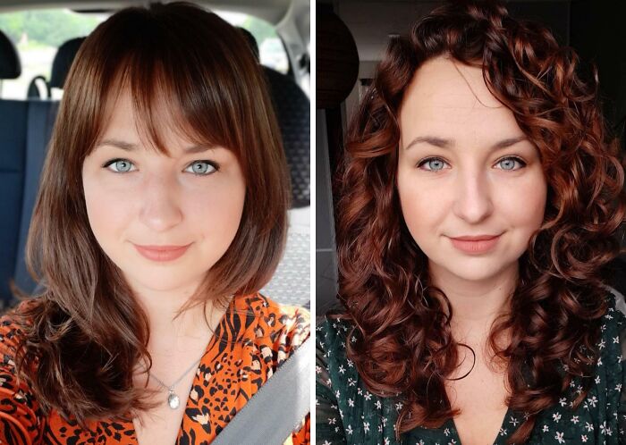 Before and after images of a woman showing small appearance changes with different hairstyles for women’s appearance difference.