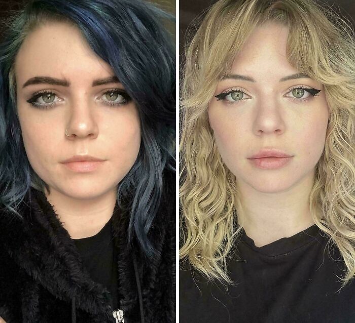 Side-by-side photos of a woman showing small appearance changes in hair color and style that made a big difference.