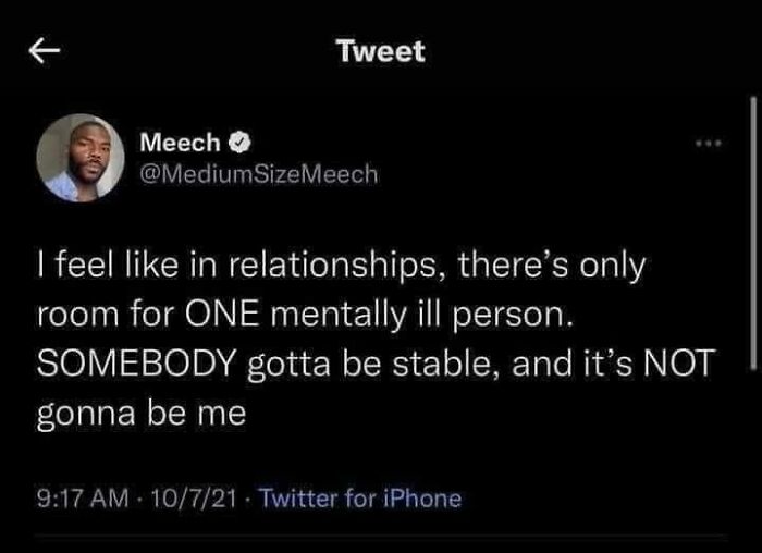 Tweet text about relationships and mental illness, reflecting funny memes relatable to anxiety struggles.