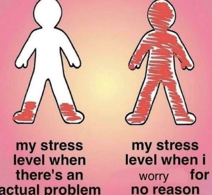 Illustration of two figures showing stress levels, highlighting anxiety struggles with funny relatable meme content.