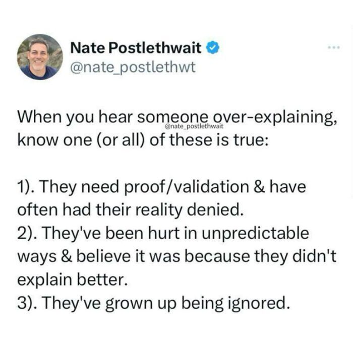 Tweet about reasons for over-explaining, relating to validation and anxiety struggles in funny relatable memes.