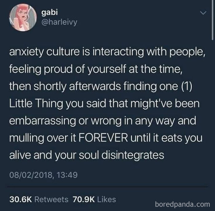Tweet explaining anxiety culture as overthinking small social interactions, capturing humor in anxiety memes.
