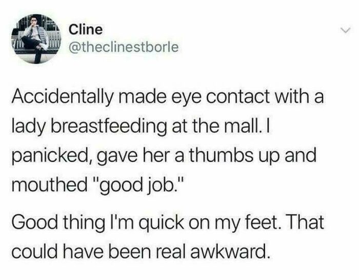 Tweet about awkward social anxiety moment involving accidental eye contact and panic reaction, relatable anxiety meme.