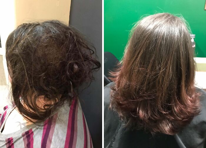 Before and after images showing small appearance changes in women's hair that made a big difference in their look.
