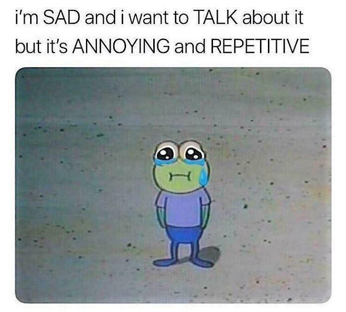 Sad cartoon frog with tears standing alone, expressing feelings that are annoyingly repetitive, relatable to anxiety struggles.