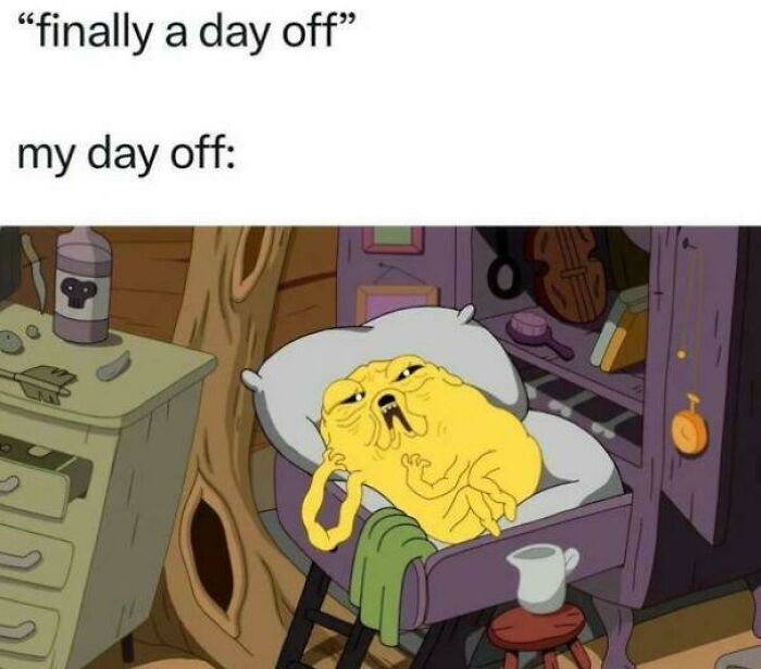 Cartoon character lying uncomfortably in bed showing funny memes relatable to anxiety struggles on a day off.