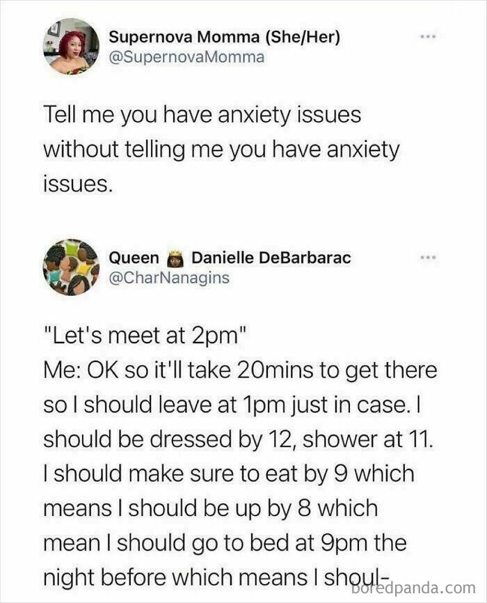 Screenshot of a Twitter meme humorously describing anxiety issues through overplanning arrival times and routines.