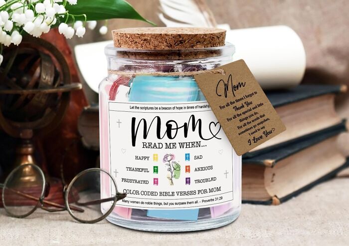 Jar of color-coded Bible verses for mom, a thoughtful last minute Mother's Day gift idea with a cork lid and tag.