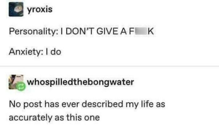 Screenshot of a funny meme about anxiety showing conflicting feelings between personality and anxious thoughts, relatable content.